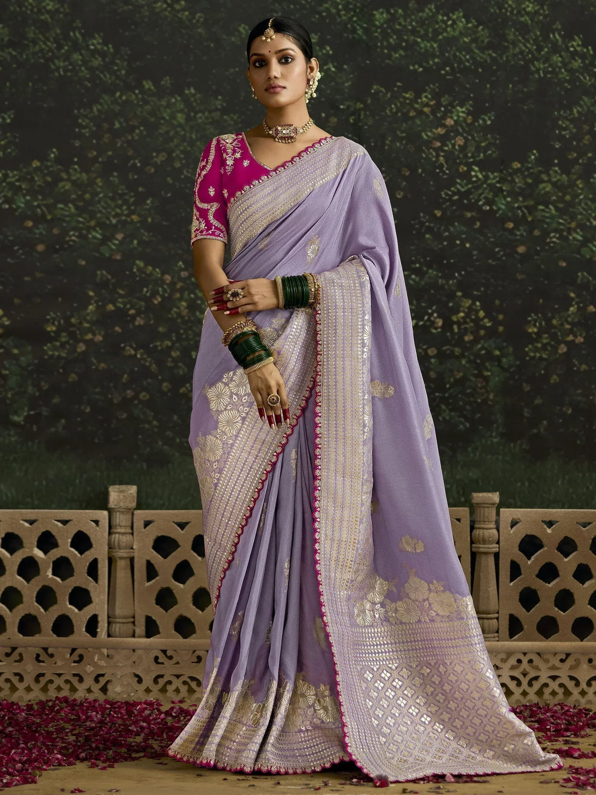Lavender saree with gold embroidery and pink blouse, traditional Indian ethnic wear for women