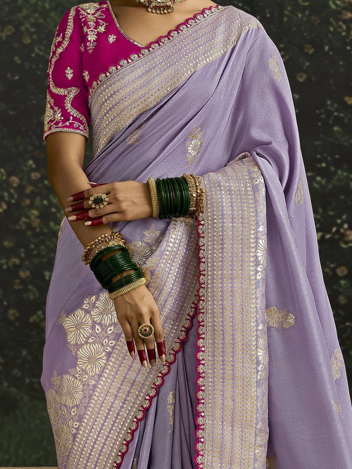 Lavender saree with gold embroidery and magenta blouse, Indian ethnic wear