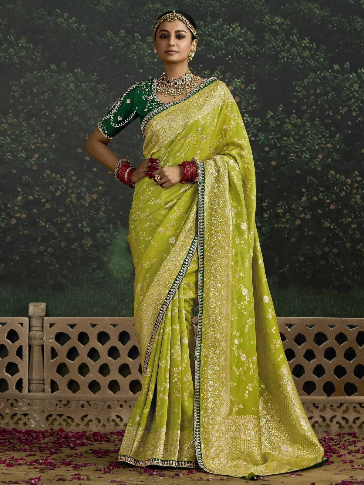 Lime green embroidered saree with green blouse, traditional Indian ethnic wear for women