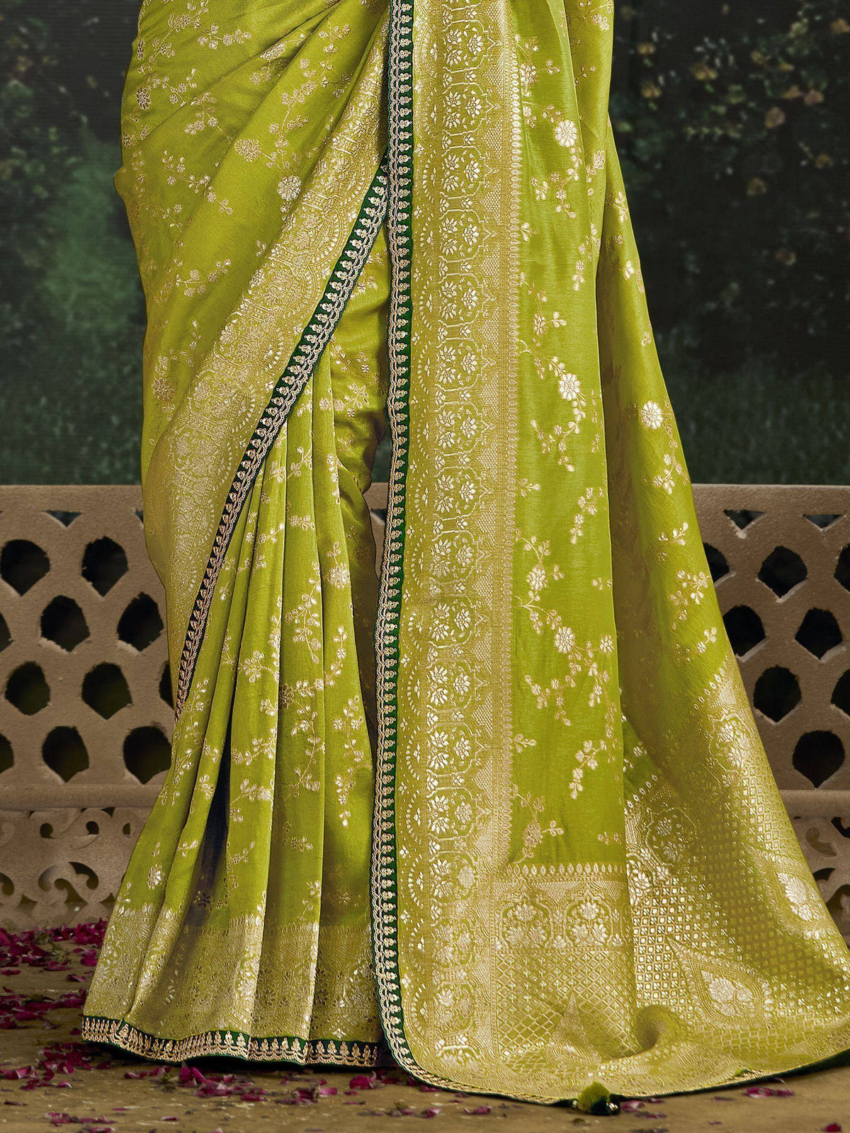 Lime green designer saree with gold floral embroidery and green border, perfect for Indian ethnic wear
