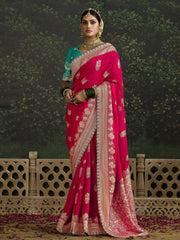 Astonishing Pink Zari Weaving Silk Wedding Wear Saree With Blouse