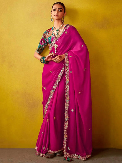 Beautiful Rani Pink Embroidery Organza Wedding Saree With Blouse