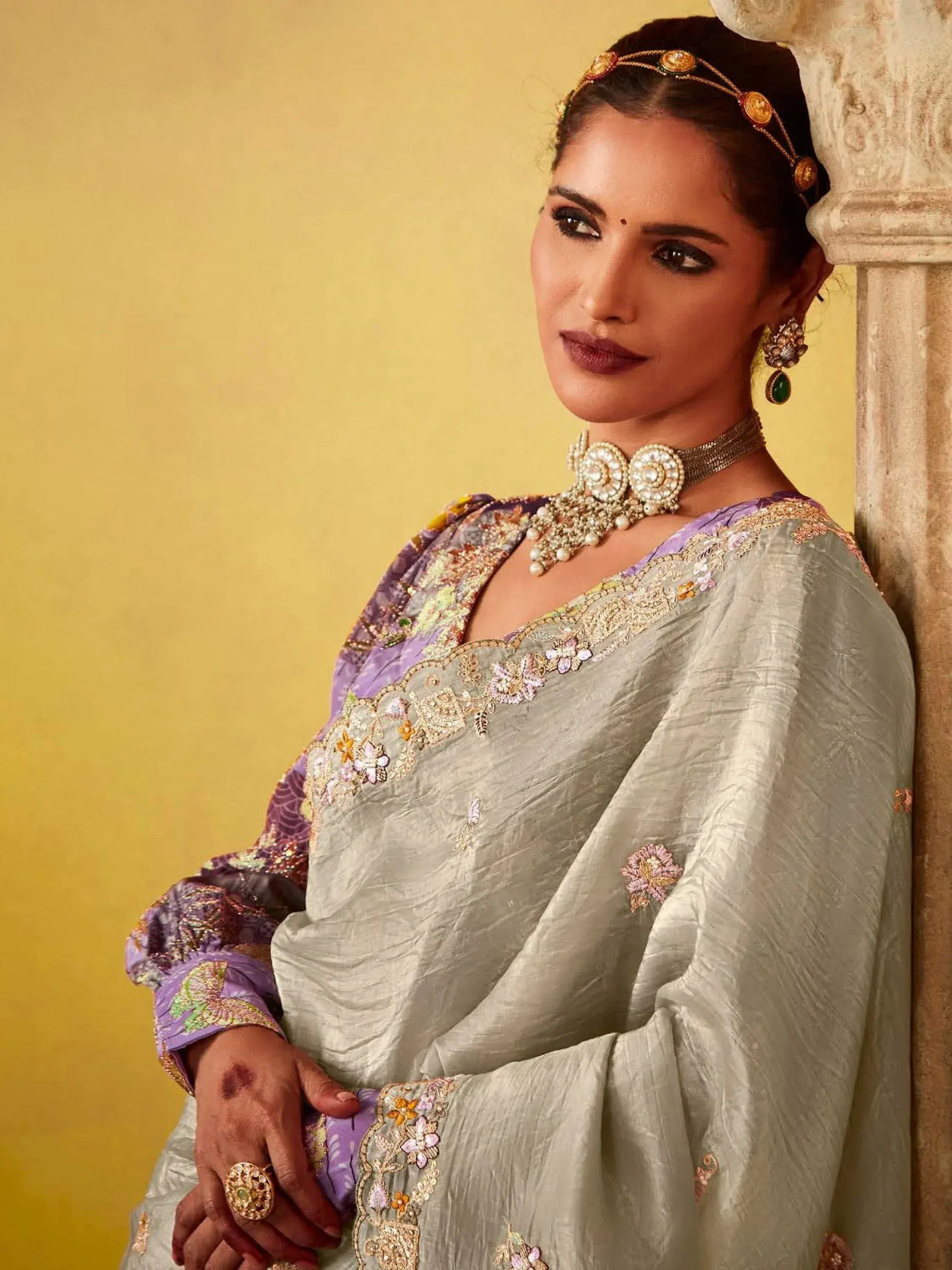 Elegant woman in embroidered Indian ethnic saree with floral detailing and traditional jewelry