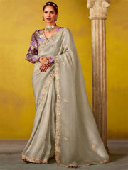 Fabulous Beige Sequins Organza Engagement Wear Saree With Blouse