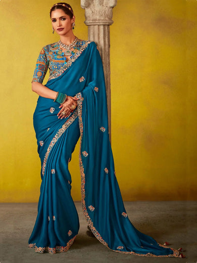 Wonderful Teal Blue Thread Work Organza Wedding Saree With Blouse