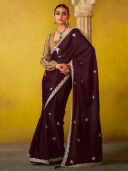 Adorable Wine Thread Embroidered Organza Wedding Saree With Blouse