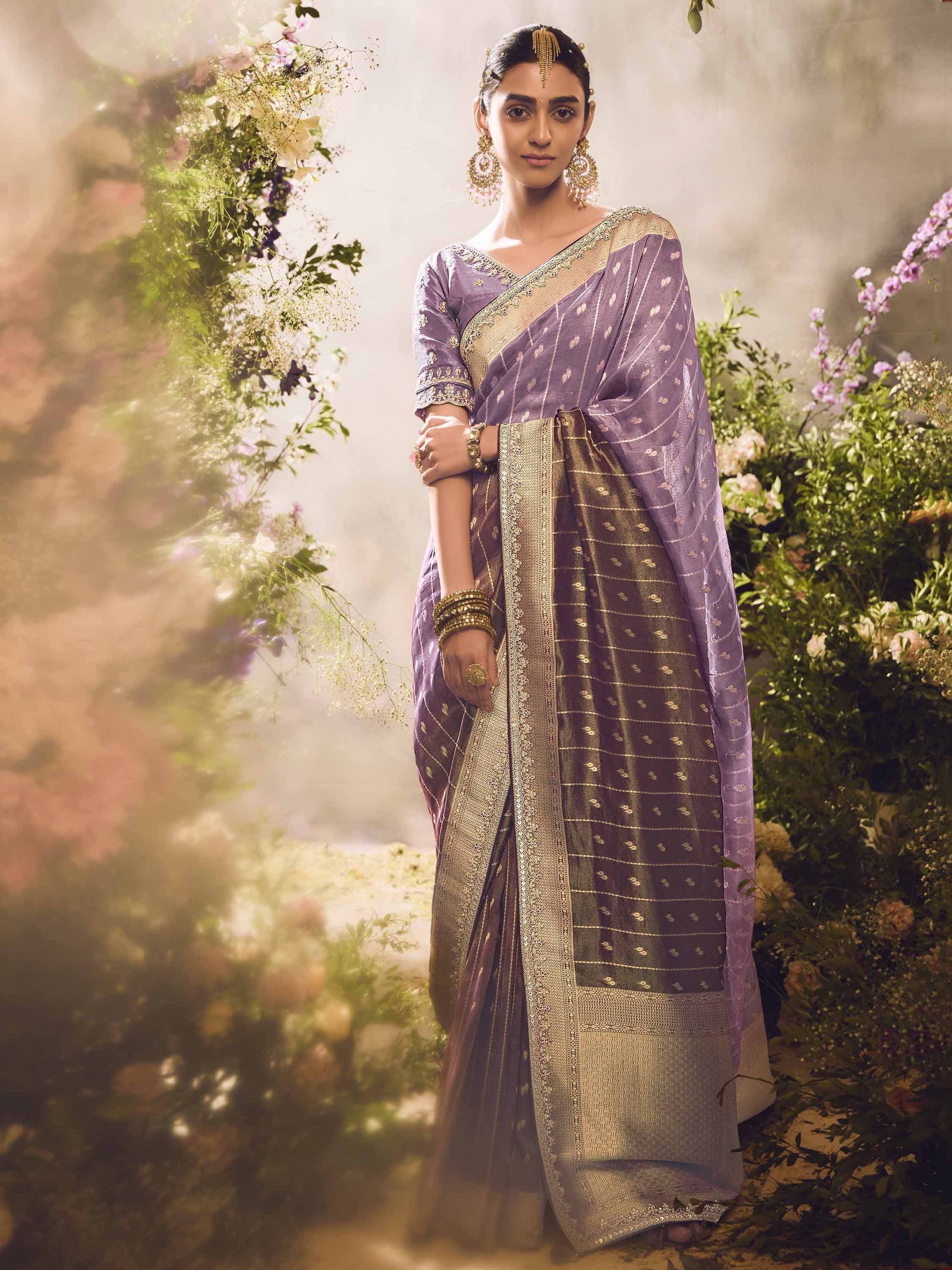 Purple and gold designer saree with intricate embroidery, perfect for Indian ethnic wear occasions