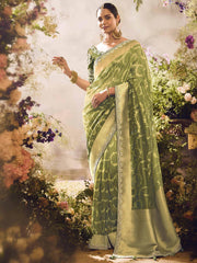 Attractive Green Zari Weaving Organza Mehendi Wear Saree With Blouse