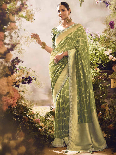 Attractive Green Zari Weaving Organza Mehendi Wear Saree With Blouse