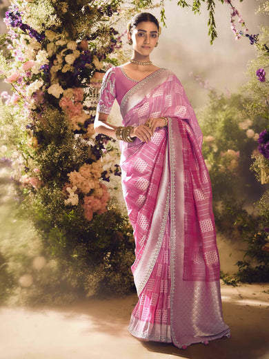 Charming Pink Zari Weaving Organza Engagement Wear Saree