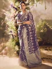 Beautiful Dusty Purple Zari Weaving Organza Event Wear Saree