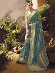 Bewitching Teal Green Zari Weaving Organza Wedding Wear Saree