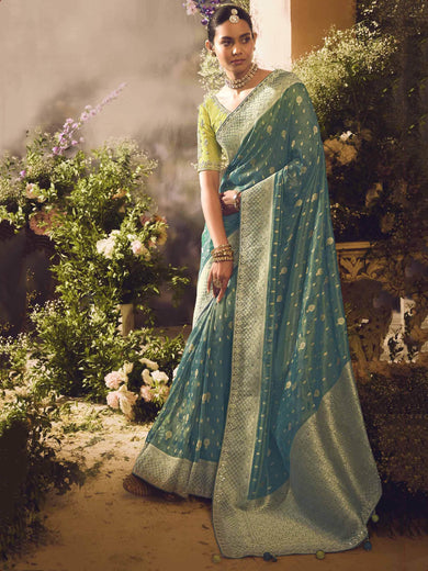 Bewitching Teal Green Zari Weaving Organza Wedding Wear Saree