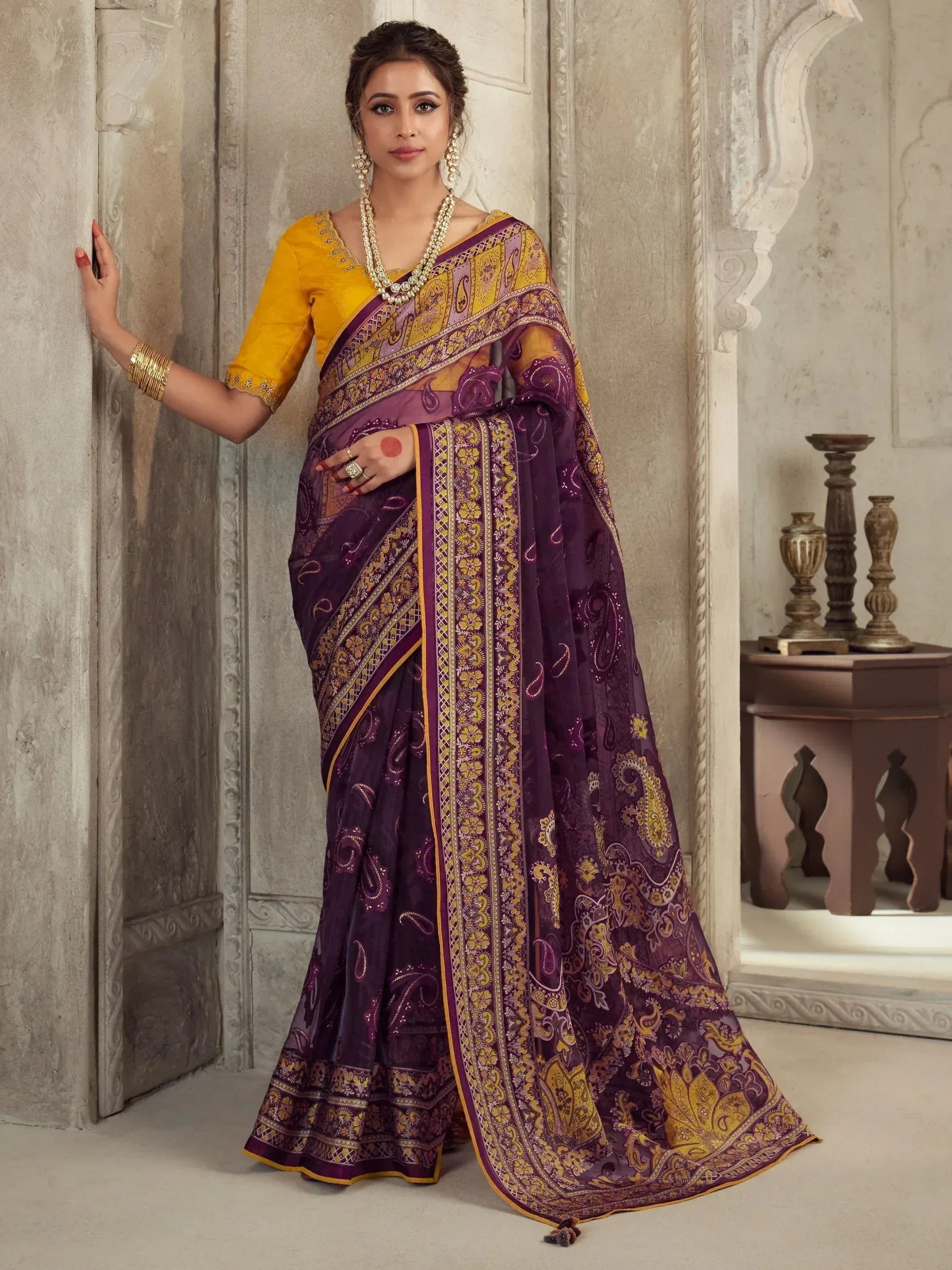 Purple and gold printed saree with yellow blouse, ethnic Indian wear for women