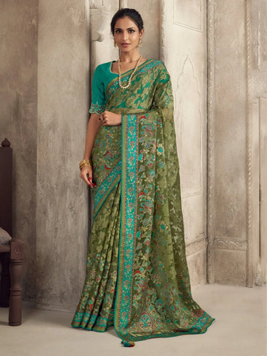 Dazzling Green Brasso Work Organza Mehendi Wear Saree With Blouse