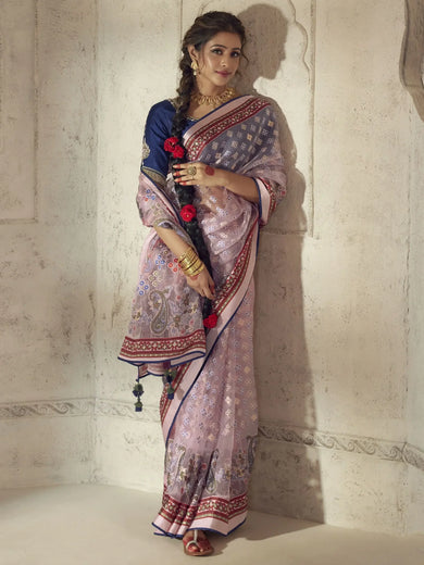 Stunning Pink Brasso Work Organza Wedding Wear Saree With Blouse