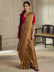 Charming Brown Brasso Work Organza Festival Wear Saree With Blouse