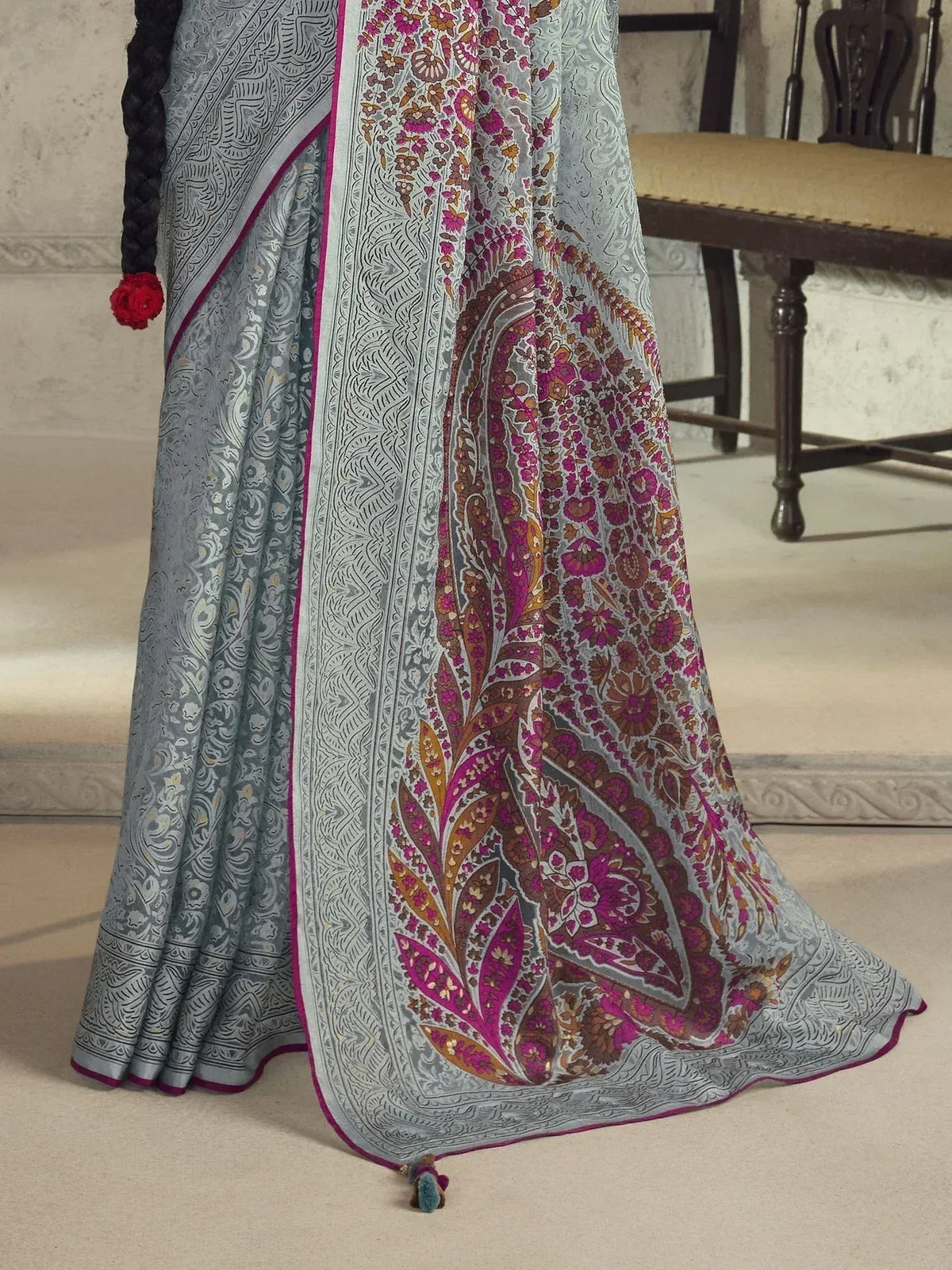 Grey floral paisley saree with magenta border, ethnic Indian wear for women