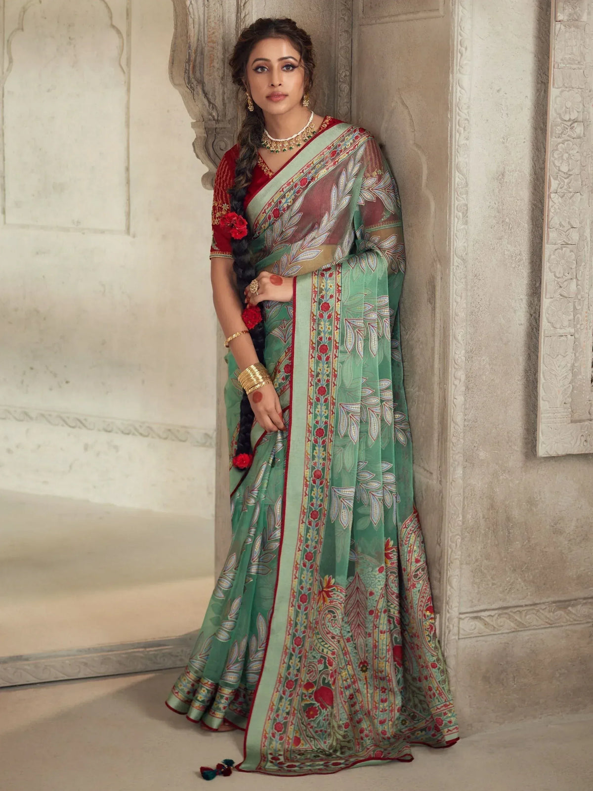 Green floral printed saree with red blouse, ethnic Indian wear for women, traditional designer saree