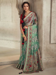 Beautiful Sea Green Brasso Work Organza Festival Wear Saree