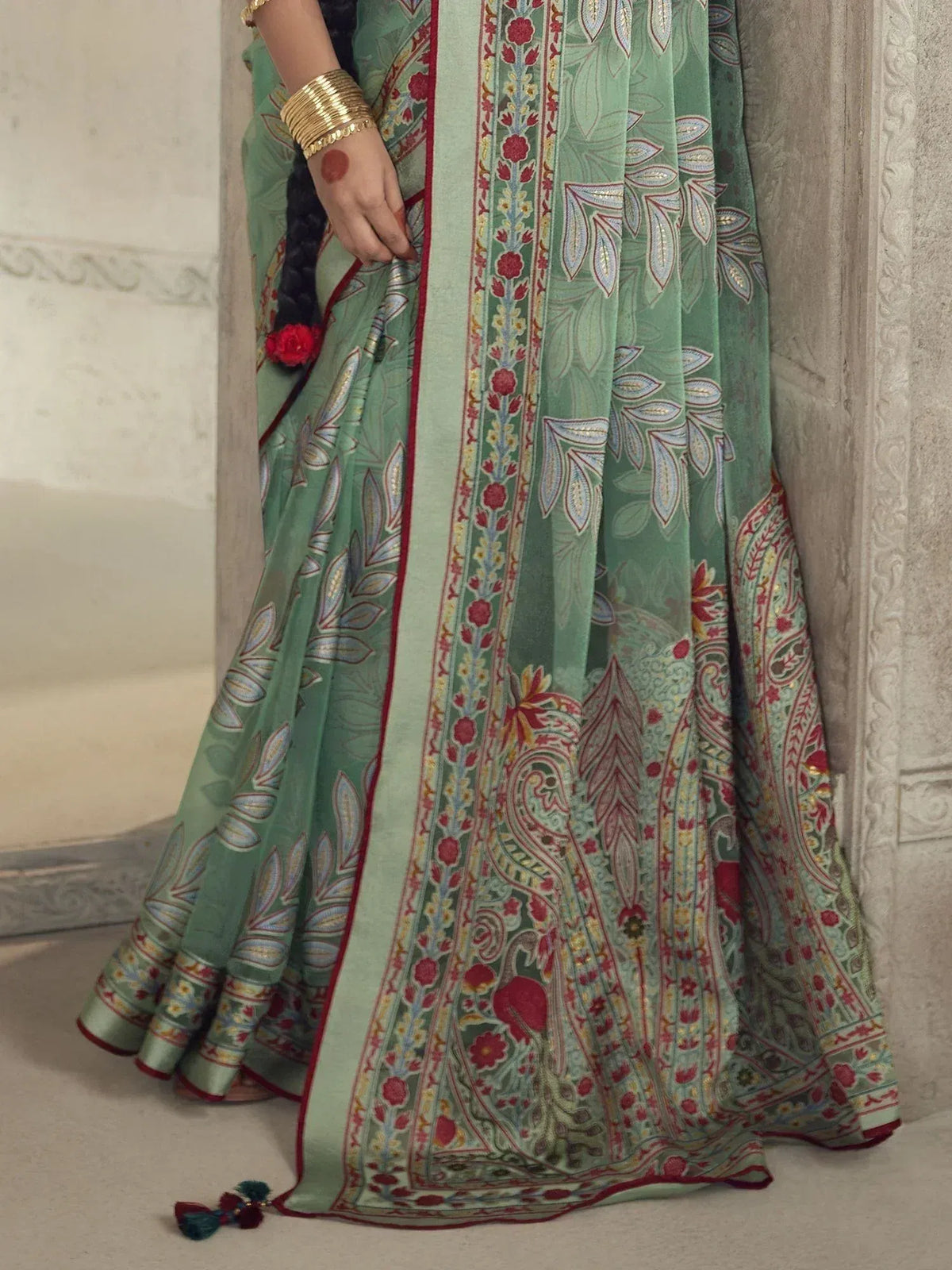 Green floral printed saree with red border, ethnic Indian wear, designer saree for women