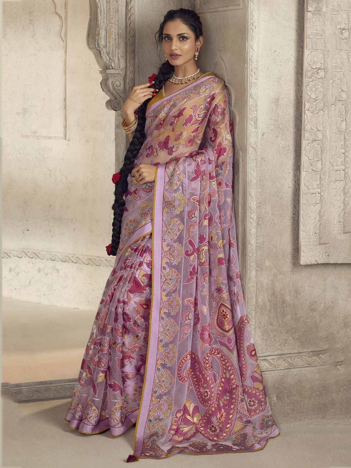 Purple floral printed saree with gold border, Indian ethnic wear for women