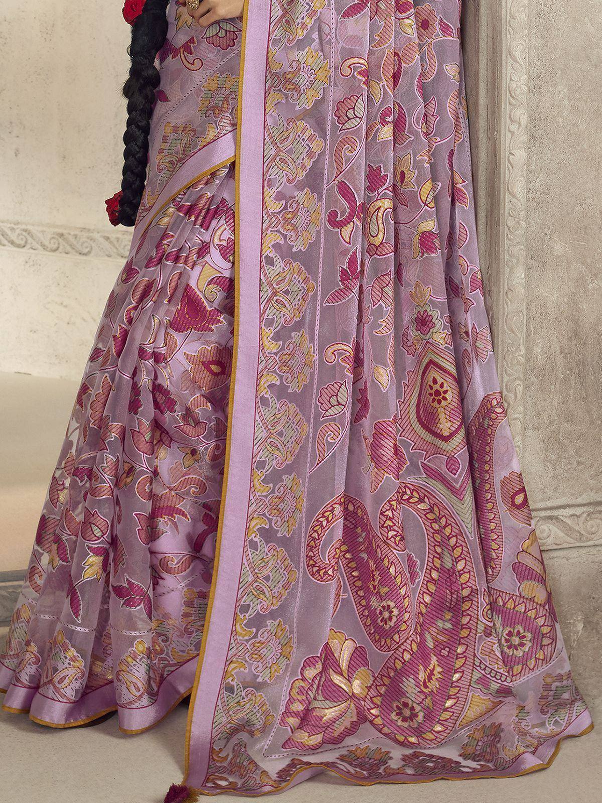 Purple floral printed saree with gold border, Indian ethnic wear