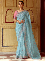 Lovely Sky-Blue Thread Embroidered Organza Engagement Wear Saree
