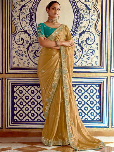 Astonishing Mustard Yellow Border Work Organza Saree With Blouse