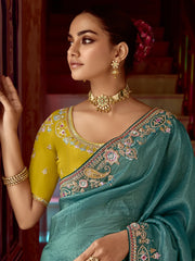 Spectacular Teal Blue Border Work Organza Festival Wear Saree