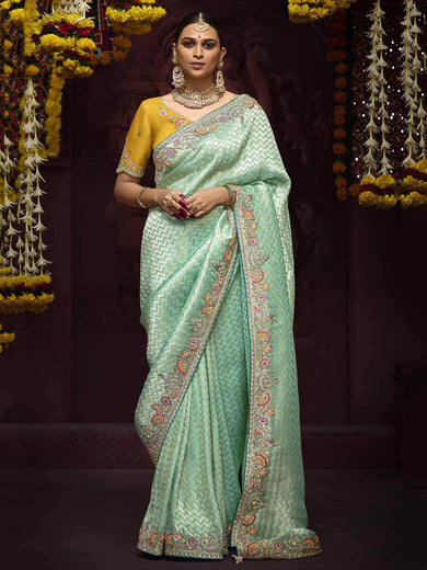 Stunning Light Green Zari Weaving Kanjivaram Silk Saree With Blouse