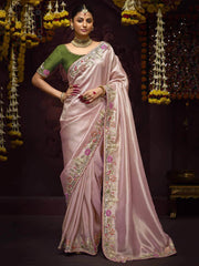 Attractive Baby Pink Embroidered Kanjivaram Silk Festival Wear Saree