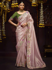 Attractive Baby Pink Embroidered Kanjivaram Silk Festival Wear Saree