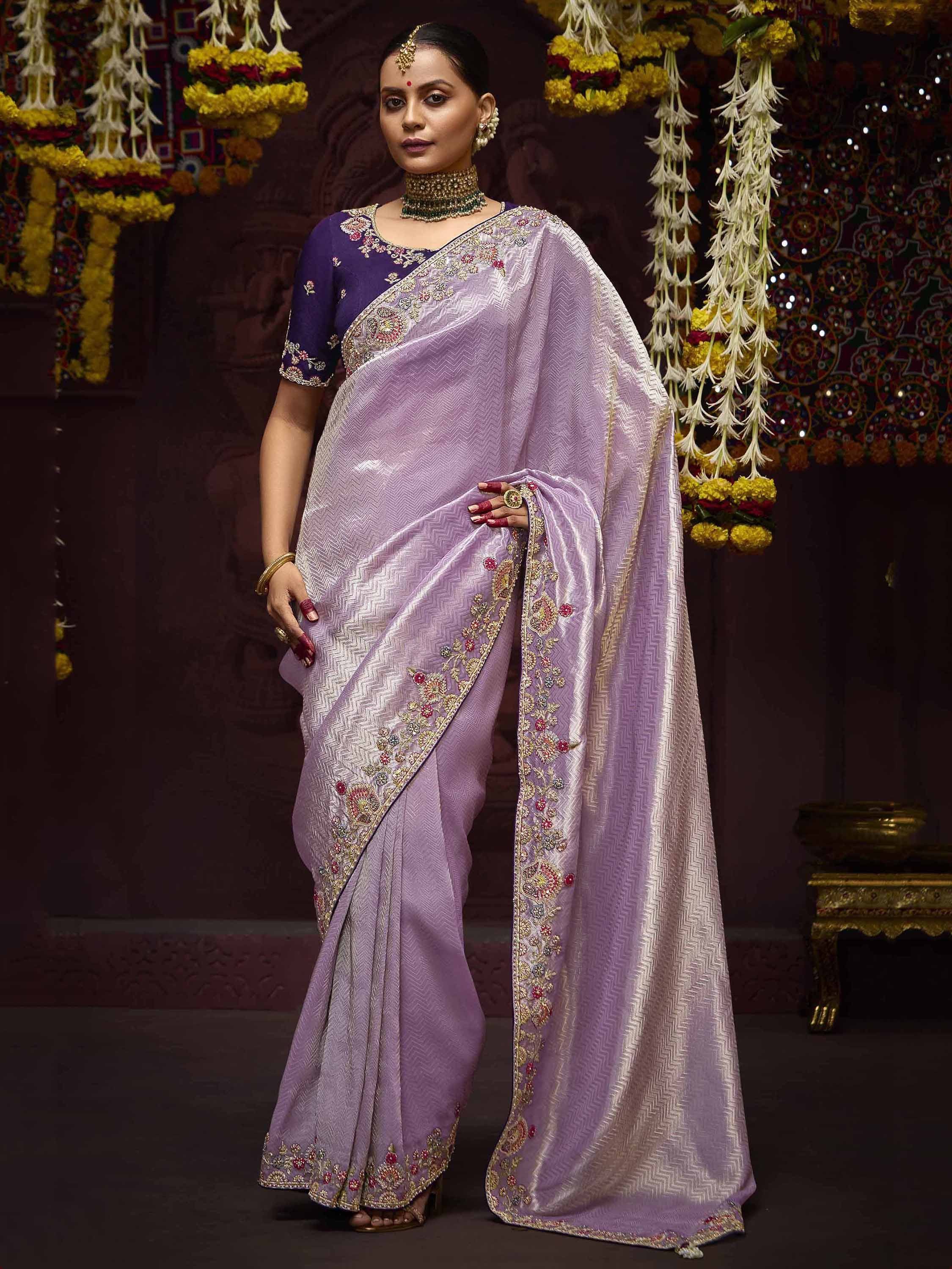 Lavender embroidered saree with purple blouse, perfect for Indian ethnic occasions and festive events.