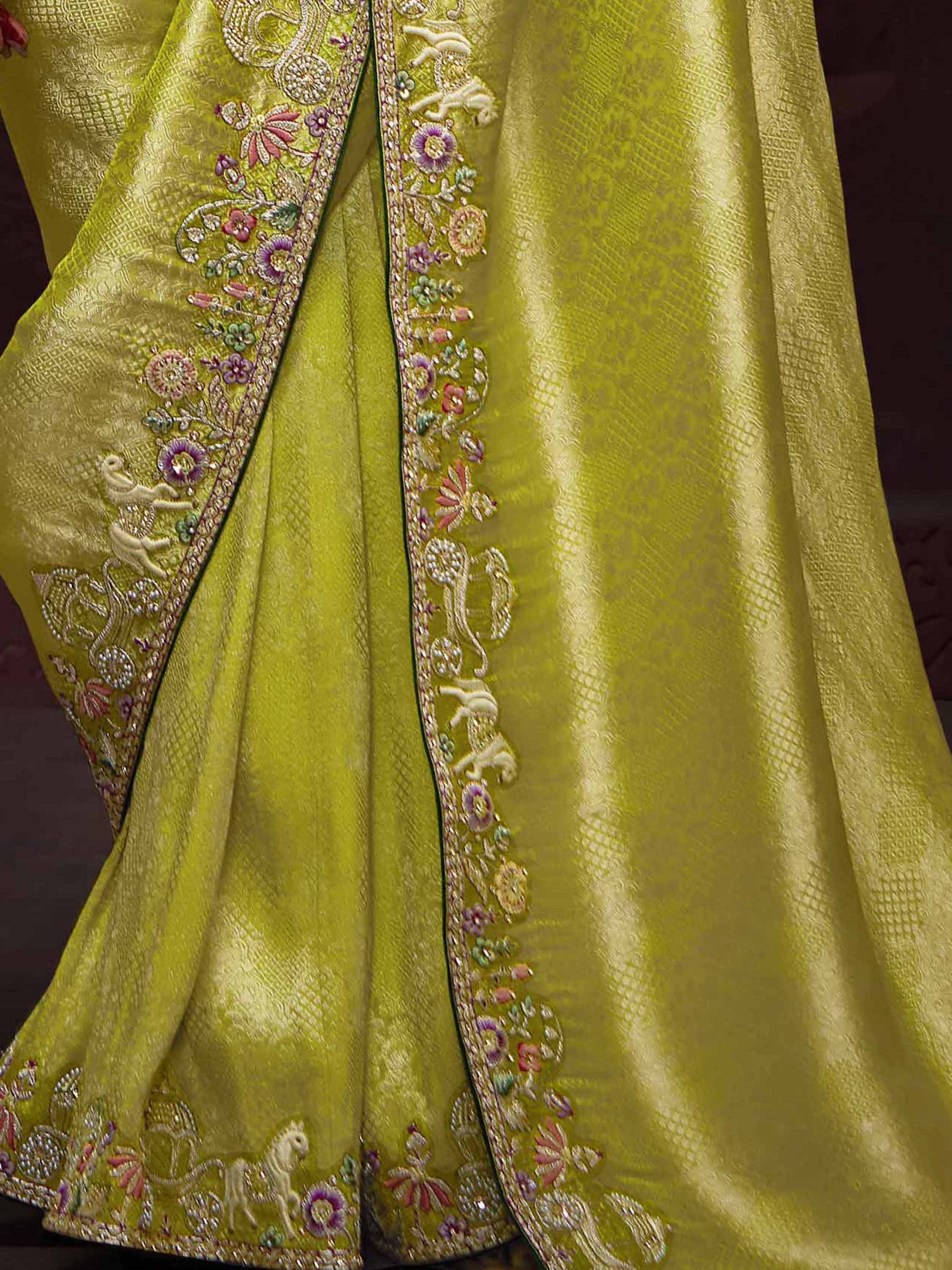 Glamorous Lemon Green Embroidered Kanjivaram Silk Traditional Saree