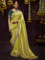 Glamorous Lemon Green Embroidered Kanjivaram Silk Traditional Saree