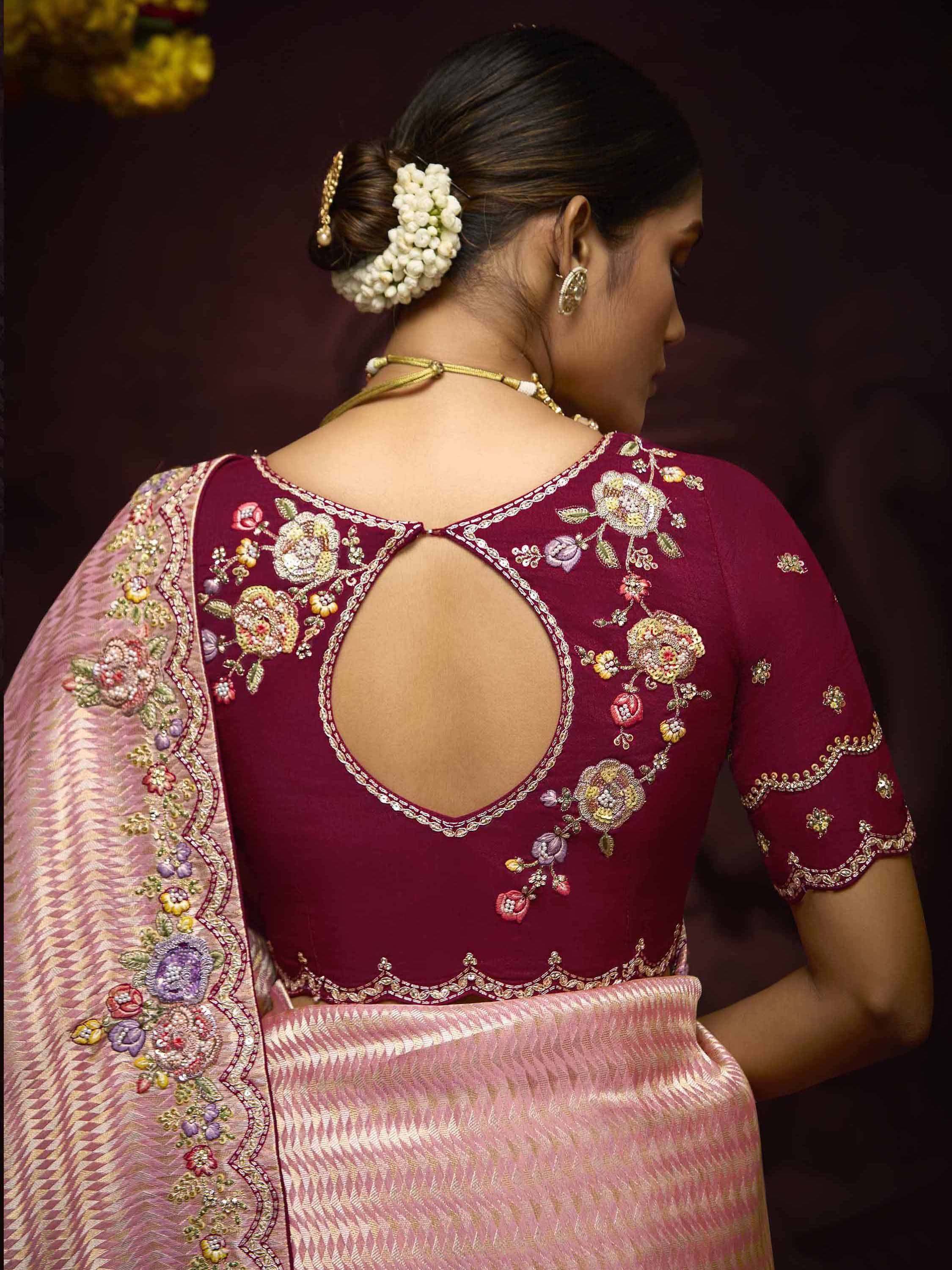 Maroon embroidered lehenga choli with floral back design and pink dupatta, Indian ethnic wear