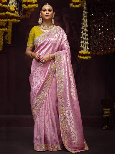 Sweet Pink Zari Weaving Kanjivaram Silk Festival Wear Saree