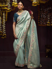 Beautiful Sky Blue Zari Weaving Kanjivaram Silk Wedding Wear Saree