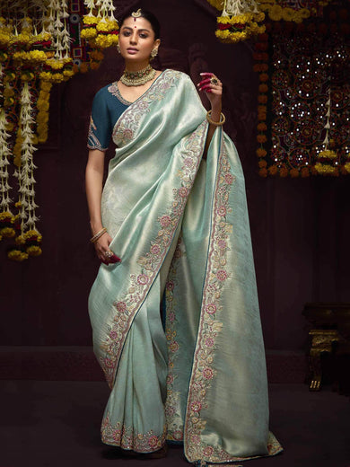 Beautiful Sky Blue Zari Weaving Kanjivaram Silk Wedding Wear Saree
