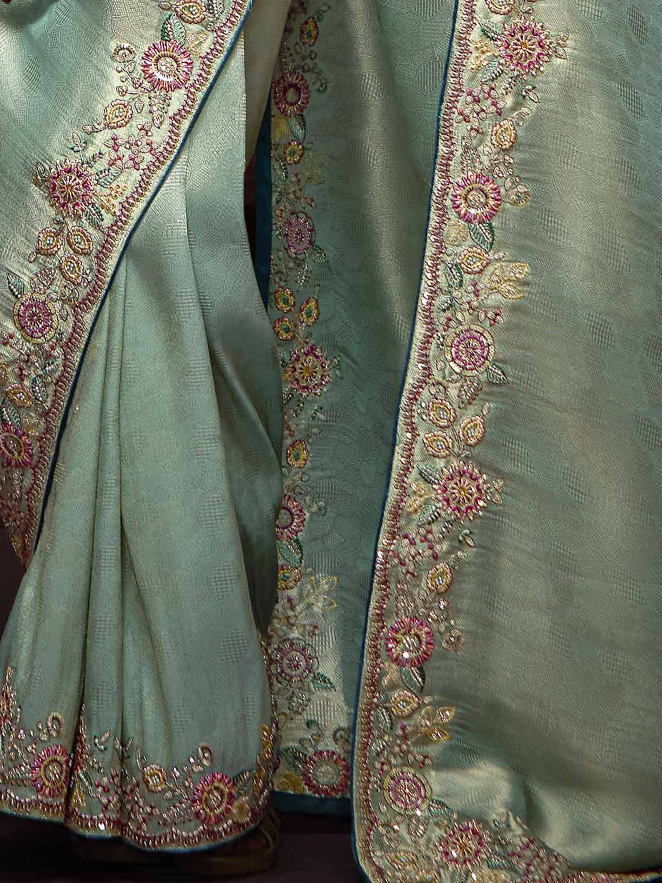 Mint green designer lehenga with floral embroidery and sequin work, ethnic Indian wear