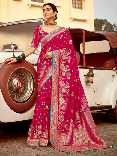 Amazing Pink Zari Weaving Dola Silk Wedding Saree With Blouse