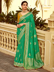 Outstanding Green Zari Weaving Dola Silk Saree With Blouse