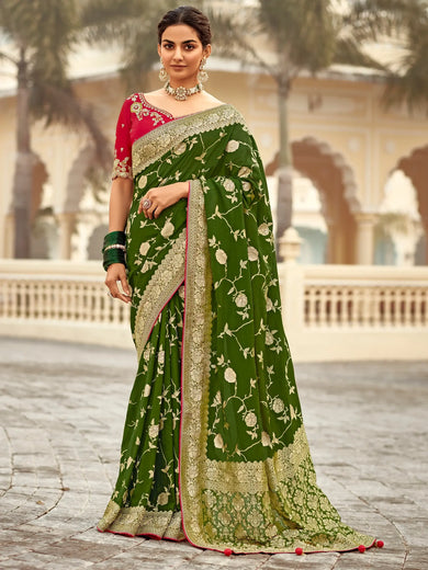 Awesome Olive Green Zari Weaving Dola Silk Mehendi Wear Saree
