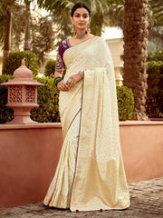 Captivating Beige Zari Weaving Dola Silk Traditional Saree With Blouse
