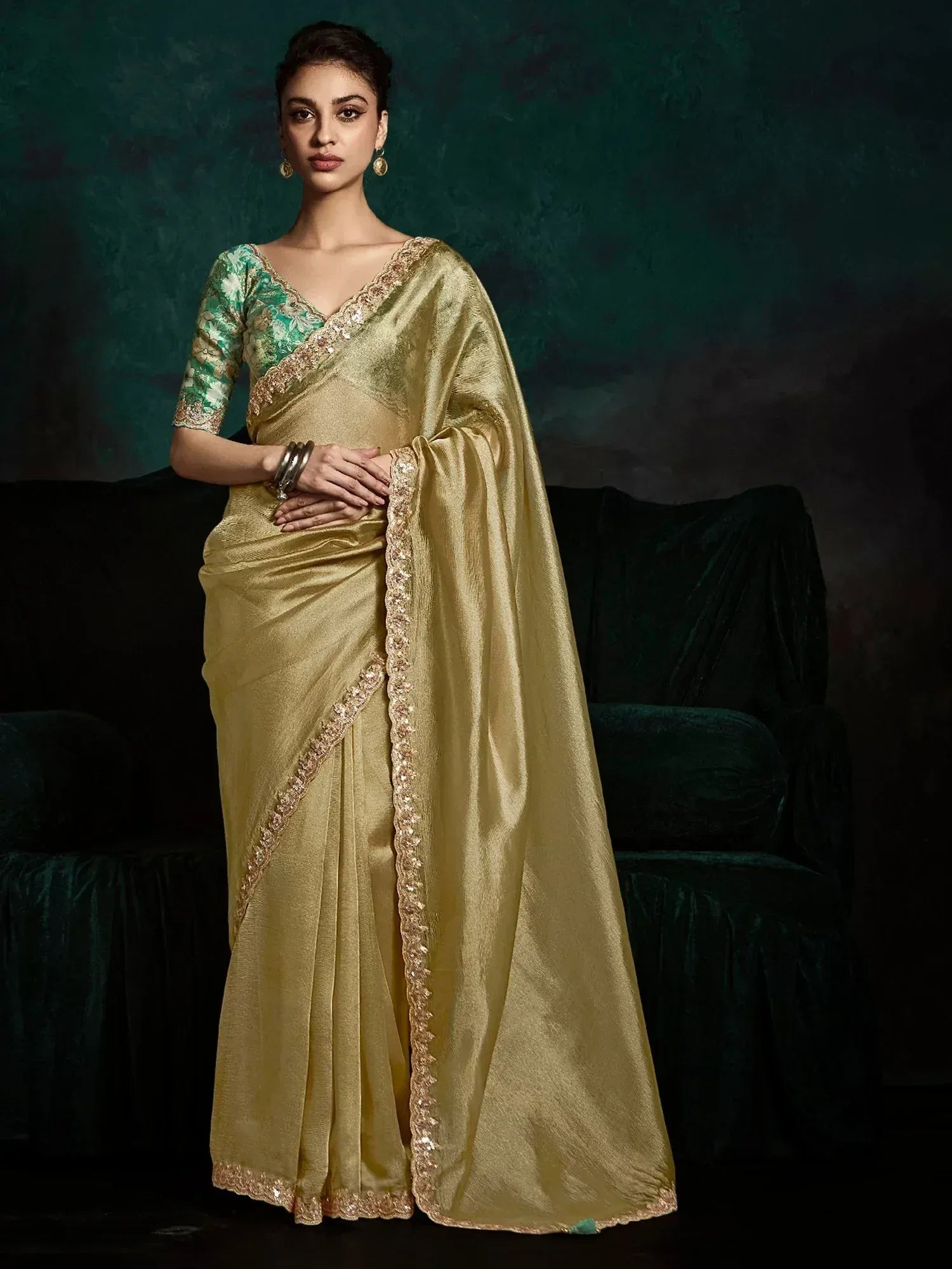 Golden silk saree with sequin border and green floral blouse, Indian ethnic wear