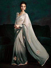 Captivating Grey Zari Embroidered Tissue Silk Event Wear Saree