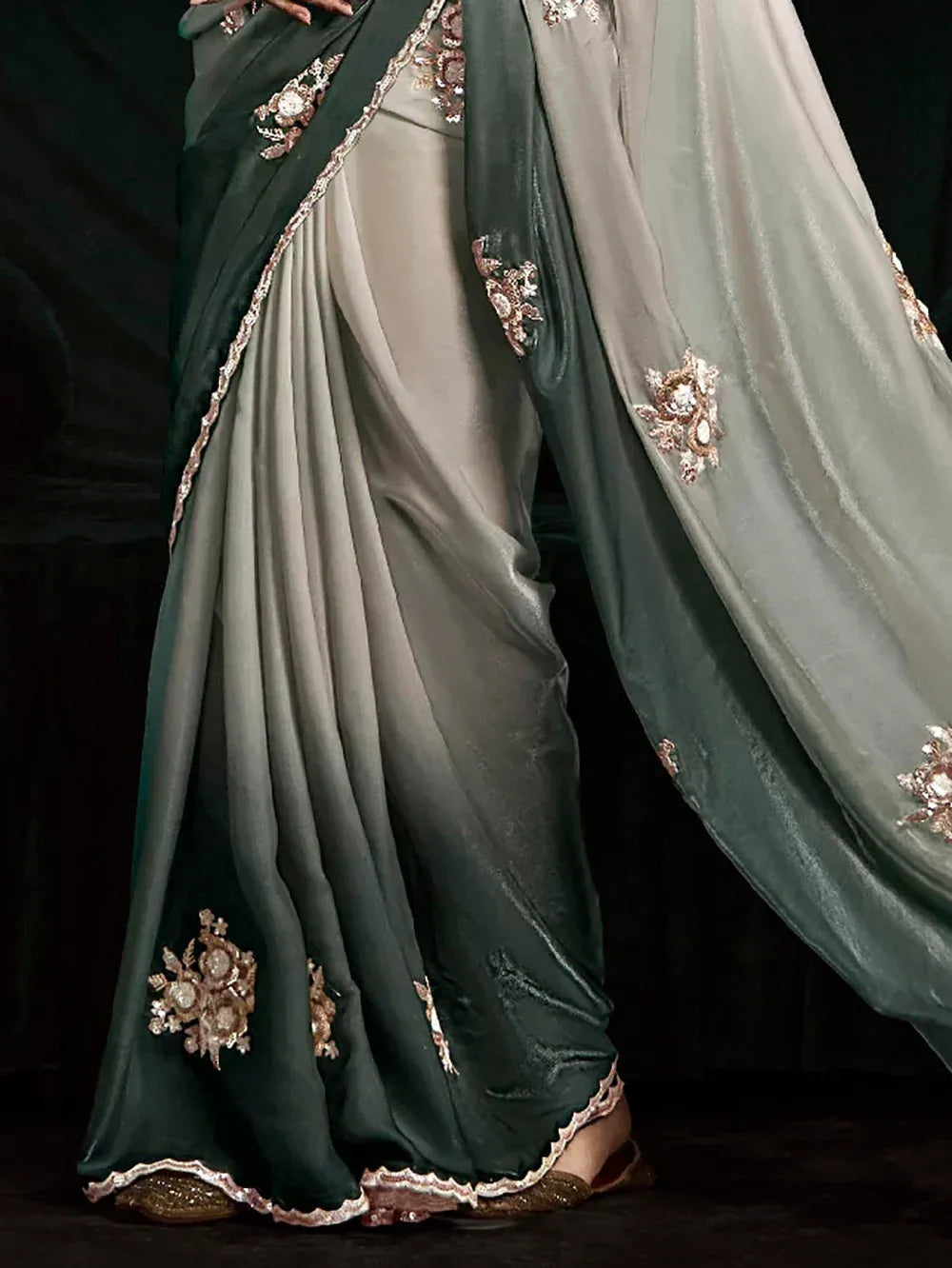 Elegant green and grey saree with gold embroidery, perfect for Indian ethnic wear occasions.