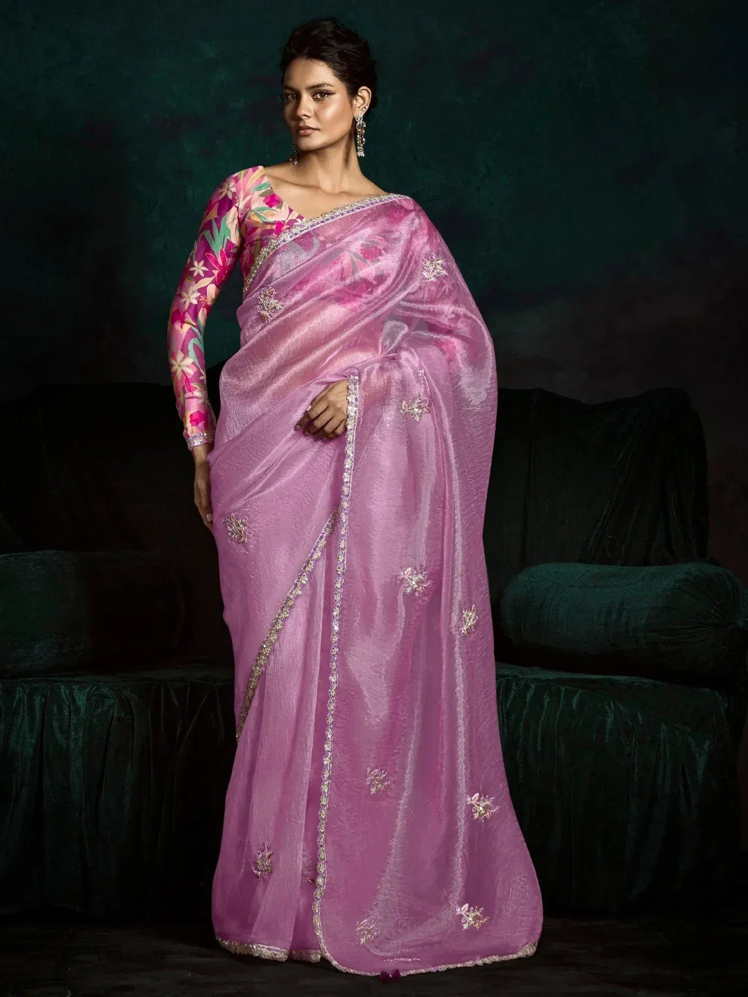 Pink floral embroidered saree with matching blouse, ethnic Indian wear for women