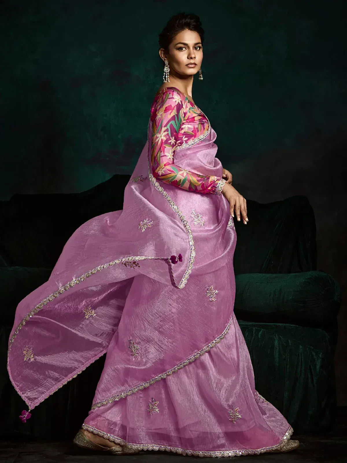 Pink floral embroidered saree with silver border, ethnic Indian wear for women